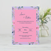 Chic Roze Paarse Bloemen Lijst Huwelijksuitnodigin (Staand voorkant)