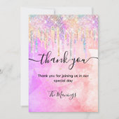 Chic roze paarse eenhoorn druppels glitter bedankt kaart (Voorkant)