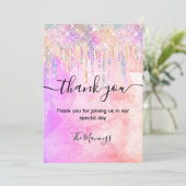 Chic roze paarse eenhoorn druppels glitter bedankt kaart (Staand voorkant)