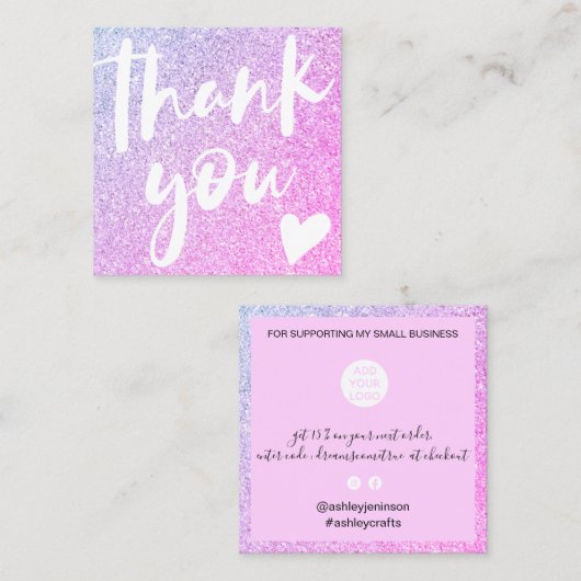 Chic roze paarse glitter elegant modern bedankt vierkante visitekaartje (Voorkant / Achterkant)