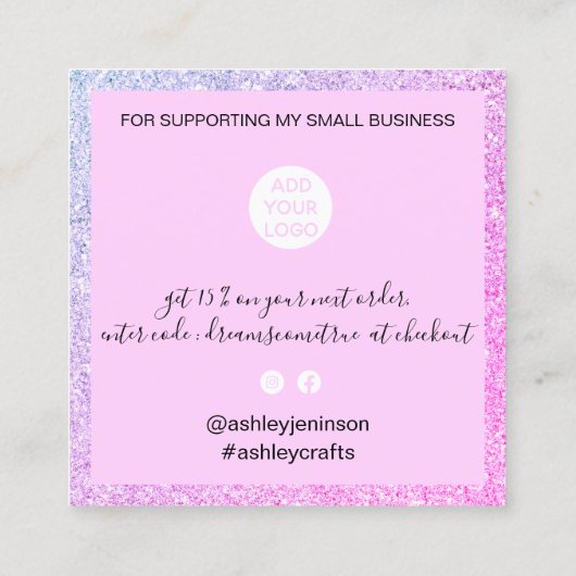 Chic roze paarse glitter elegant modern bedankt vierkante visitekaartje (Achterkant)