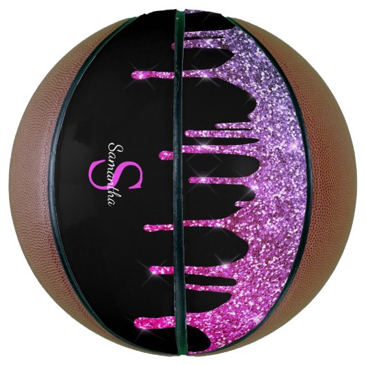 Chic roze Paarse glitter Sparkle Driemonogram Basketbal (Verticaal)