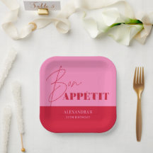 Chic Roze Rode Bon Appétit Script Verjaardagspapie