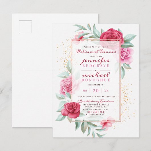 Chic Roze & Rode Chic Rozen Floral Repetitie Diner Uitnodiging Briefkaart (Voorkant / Achterkant)