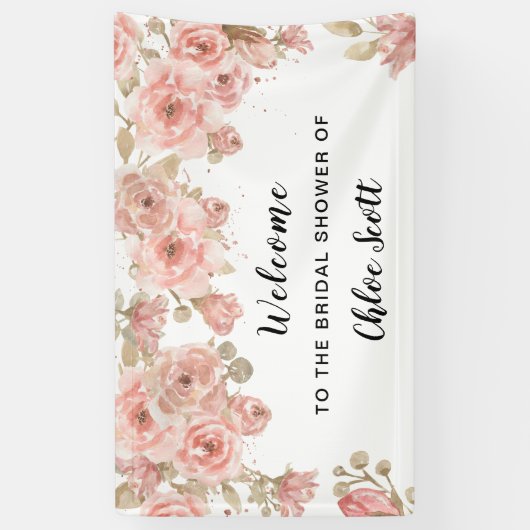 Chic Roze Roos Bloemen Bruidsfeest Verwelkomingsba Spandoek (Verticaal)