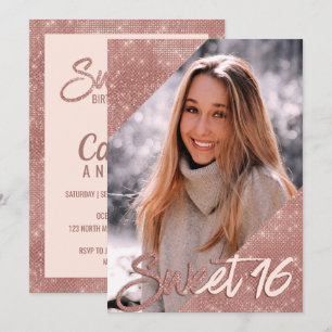 Chic roze Rose Gold Glitter Border Foto gezoet 16 Kaart