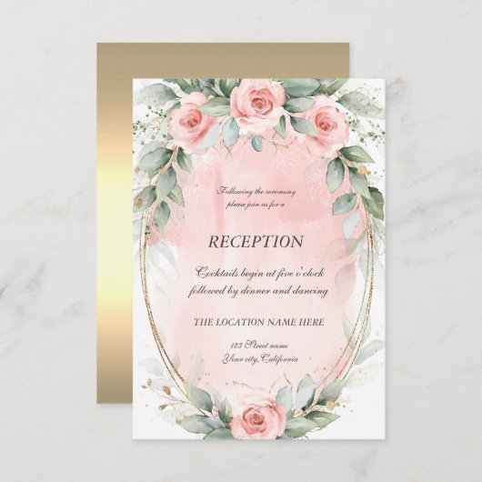 Chic roze Roses Gold Lijst Reception Kaart (Voorkant / Achterkant)