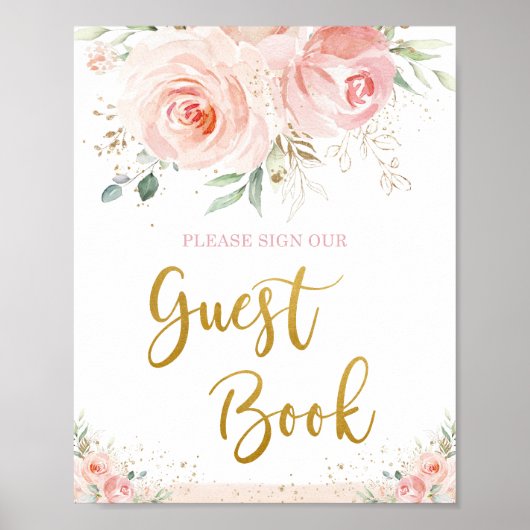 Chic Roze Roze Bloem Goud Loof Guestbook Poster (Voorkant)