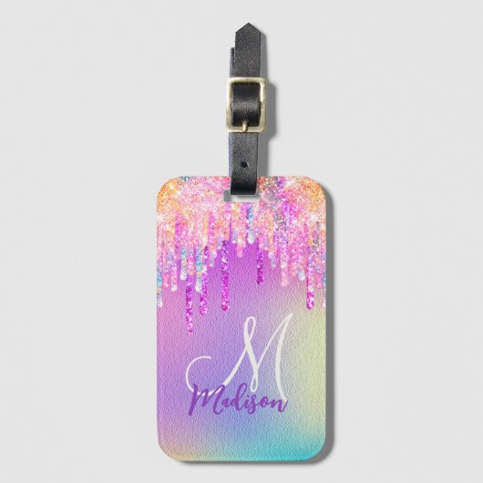 Chic roze roze eenhoorn druppelend glitter monogra bagagelabel (Voorkant (verticaal))