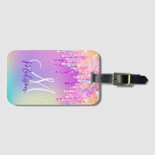 Chic roze roze eenhoorn druppelend glitter monogra bagagelabel (Voorkant (horizontaal))