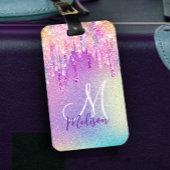 Chic roze roze eenhoorn druppelend glitter monogra bagagelabel