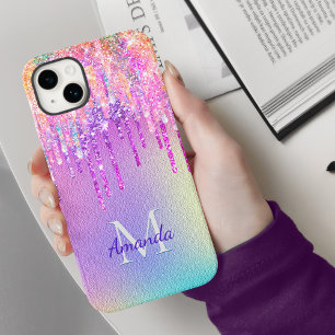 Chic roze roze eenhoorn druppelend glitter monogra iPhone 15 case