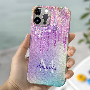 Chic roze roze eenhoorn druppelend glitter monogra iPhone 15 case