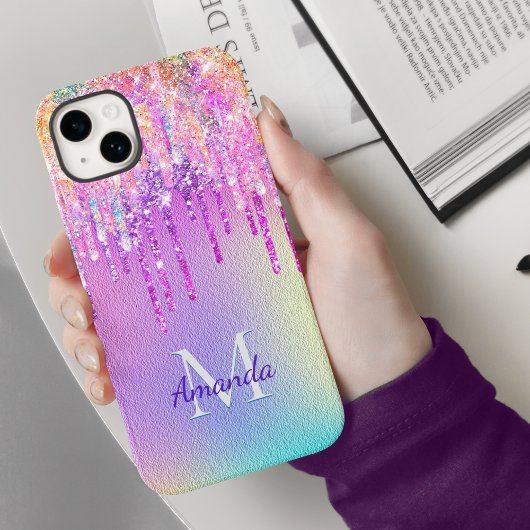 Chic roze roze eenhoorn druppelend glitter monogra Case-Mate iPhone case