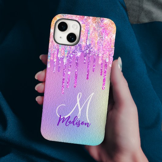 Chic roze roze eenhoorn druppelend glitter monogra Case-Mate iPhone case