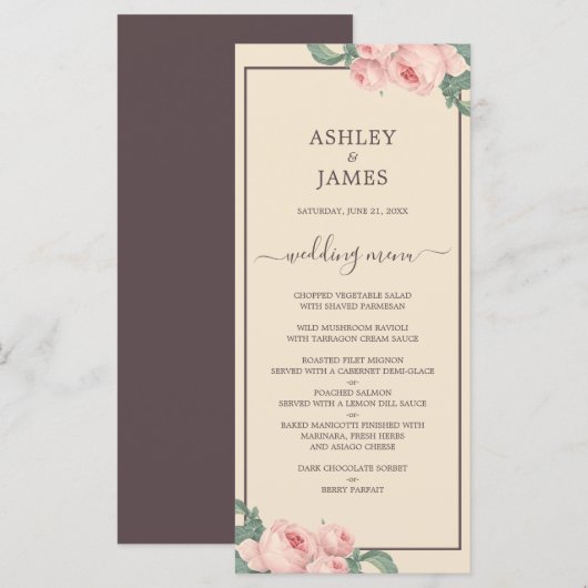 Chic  Roze Roze Ivory Burgundy Wedding Menu (Voorkant / Achterkant)