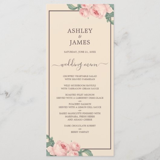 Chic  Roze Roze Ivory Burgundy Wedding Menu (Voorkant)