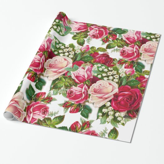 Chic roze roze rozenpatroon cadeaupapier (Uitgerold)