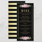 Chic Roze Rozen & Goud Zwarte Strepen Trouwen Menu (Voorkant / Achterkant)