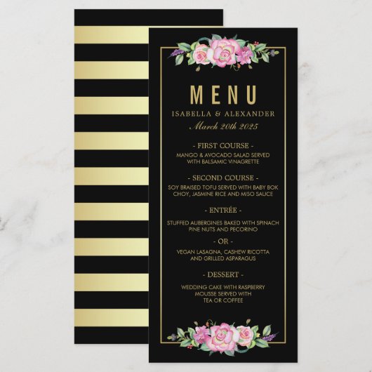 Chic Roze Rozen & Goud Zwarte Strepen Trouwen Menu (Voorkant / Achterkant)