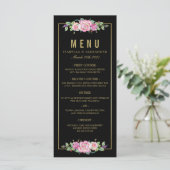 Chic Roze Rozen & Goud Zwarte Strepen Trouwen Menu (Staand voorkant)