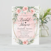 Chic Roze Rozen Gouden Frame Script Bruidsdouche Kaart (Staand voorkant)