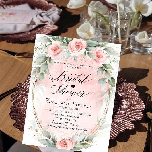 Chic Roze Rozen Gouden Frame Script Bruidsdouche Kaart