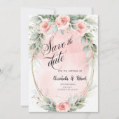 Chic Roze Rozen Gouden Lijst Bewaar De Datum Save The Date (Voorkant)