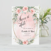 Chic Roze Rozen Gouden Lijst Bewaar De Datum Save The Date (Staand voorkant)