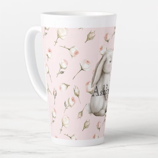 Chic Roze Schattige Bunny Roos Bloemen Latte Mok (Linkerhoek)