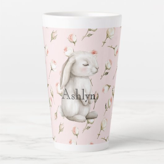 Chic Roze Schattige Bunny Roos Bloemen Latte Mok (Voorkant)