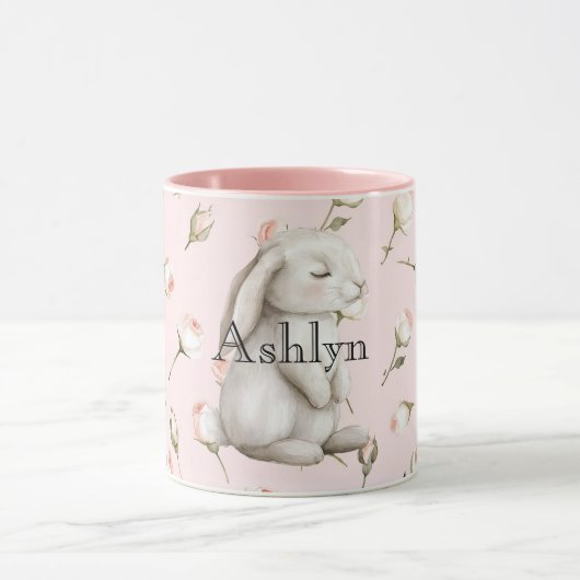 Chic Roze Schattige Bunny Roos Bloemen Mok (Midden)