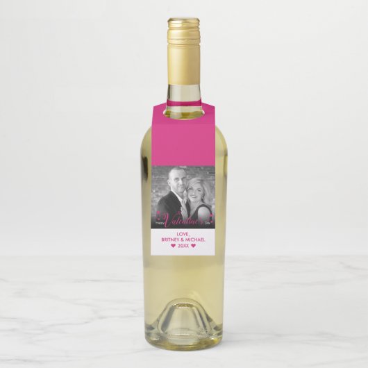 Chic roze script modern hart zwart, witte foto flessenhanger (Op fles)