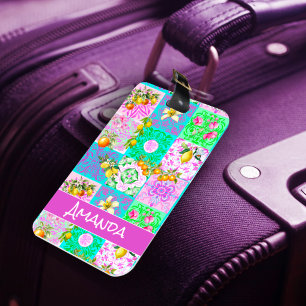 Chic roze Siciliaanse citrus collage bloemige tege Bagagelabel