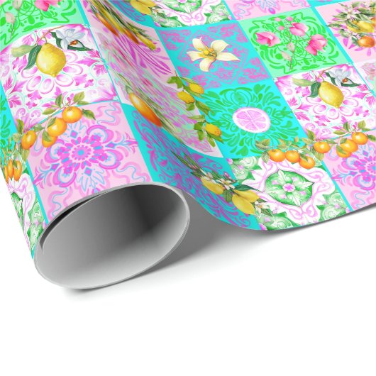 Chic roze Siciliaanse citrus collage bloemige tege Cadeaupapier (Rol Hoek)