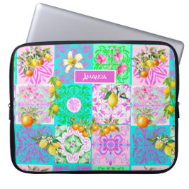 Chic roze Siciliaanse citrus collage bloemige tege Laptop Sleeve
