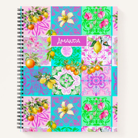 Chic roze Siciliaanse citrus collage bloemige tege Notitieboek (Voorkant)