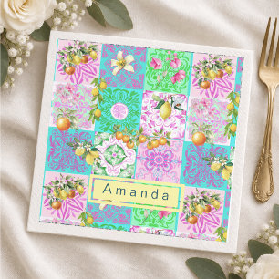 Chic roze Siciliaanse citrus collage bloemige tege Servet