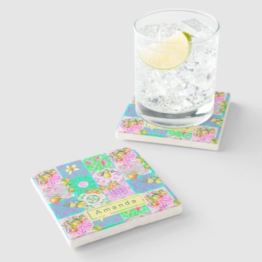 Chic roze Siciliaanse citrus collage bloemige tege Stenen Onderzetter (Zijkant)