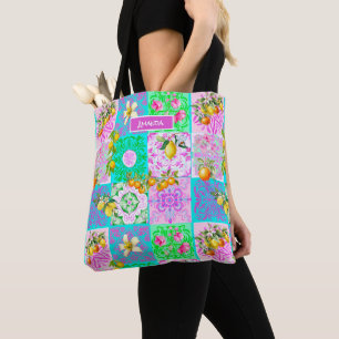 Chic roze Siciliaanse citrus collage bloemige tege Tote Bag