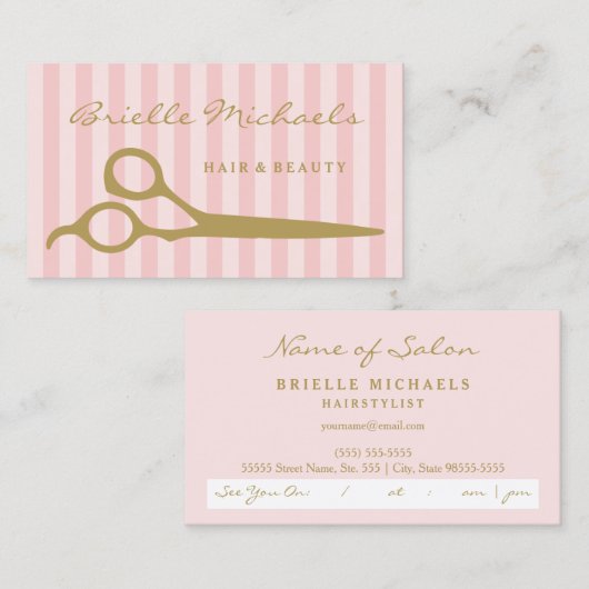 Chic roze stripes Gold Scissors Hair Appointment Afsprakenkaartje (Voorkant / Achterkant)