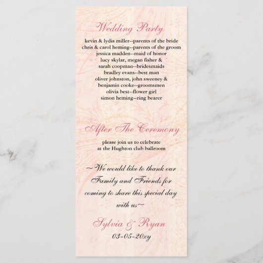 Chic roze vogelkooi, liefde vogels bruiloft progra programmakaart (Achterkant)