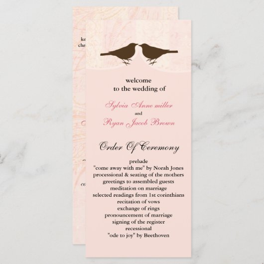 Chic roze vogelkooi, liefde vogels bruiloft progra programmakaart (Voorkant / Achterkant)