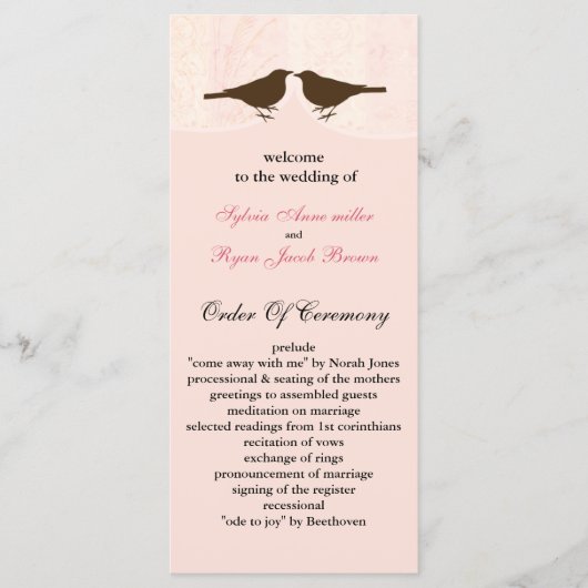 Chic roze vogelkooi, liefde vogels bruiloft progra programmakaart (Voorkant)