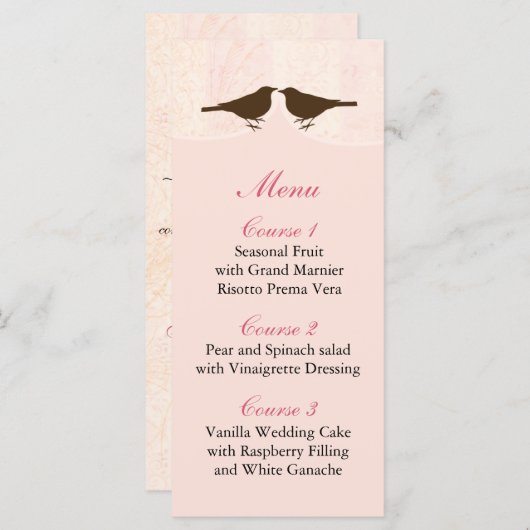 Chic roze vogelkooi, liefdesvogels Menu-Kaarten Menu (Voorkant / Achterkant)