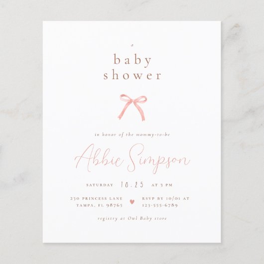 Chic Roze Waterverf Bow Girl Budget Baby shower (Voorkant)