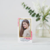 Chic Roze Waterverf Faux Gold Headshot Foto Visitekaartje (Staand voorkant)