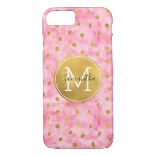 Chic Roze Waterverf Goud Confetti Monogram Case-Mate iPhone Case