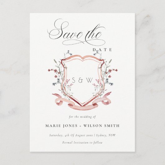 Chic roze Wildflower Monogram Crest sparen de datu Aankondigingskaart (Voorkant)