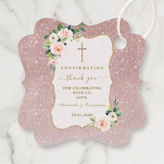 Chic Roze Witte Bloemen Goud Meisje Bevestiging Bedankjes Labels (Achterkant)